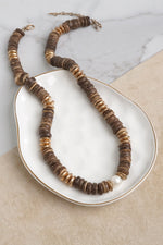Wooden Heishi Beads Short Necklace in Natural Brown and Gold