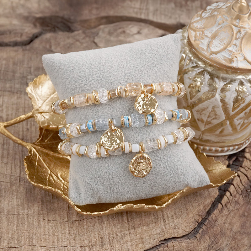 Whispering Light – Mixed Bead Bracelet with Golden Coin Charm