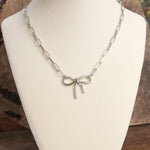 Bow Necklace - Short dainty paperclip chain in silver tone