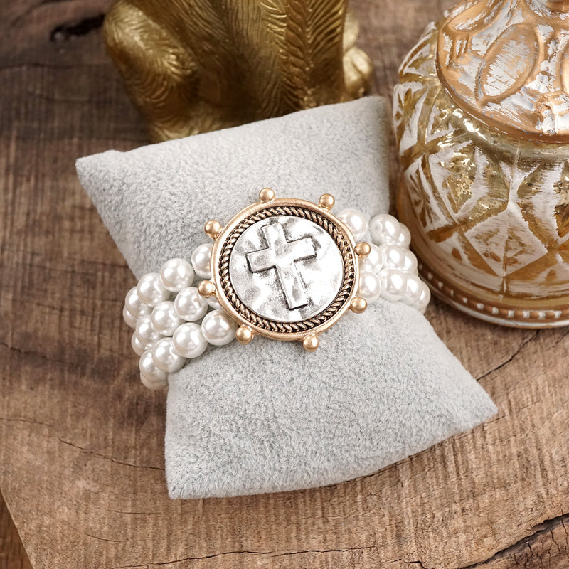 Gracebound – Cross Coin & Chunky Pearl 3-in-1 Statement Bracelet in Mixed Metals