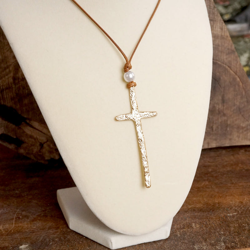 Primitive Cross Necklace Gold Silver Pearl Black Brown