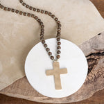 Long Wooden Bead Necklace with Gold Cross