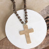 Long Wooden Bead Necklace with Gold Cross