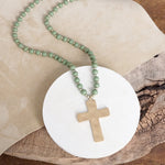 Long Wooden Bead Necklace with Gold Cross