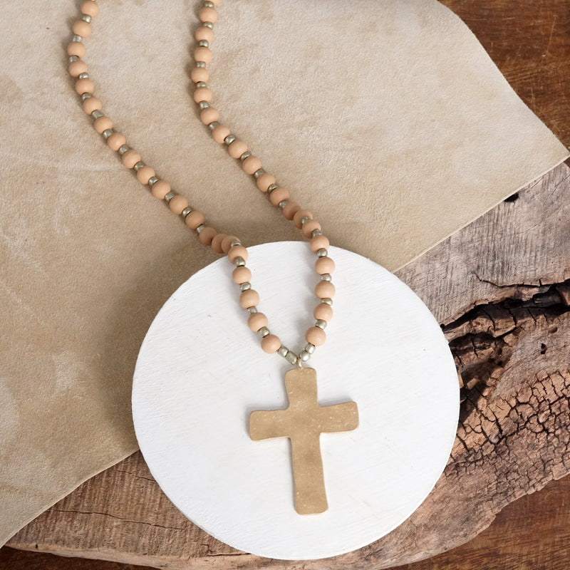 Long Wooden Bead Necklace with Gold Cross