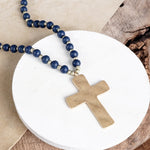 Long Wooden Bead Necklace with Gold Cross