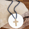 Long Wooden Bead Necklace with Gold Cross