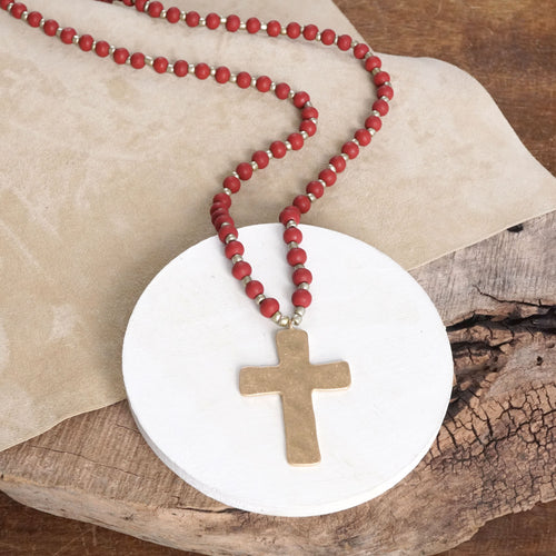 Long Wooden Bead Necklace with Gold Cross