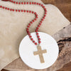 Long Wooden Bead Necklace with Gold Cross