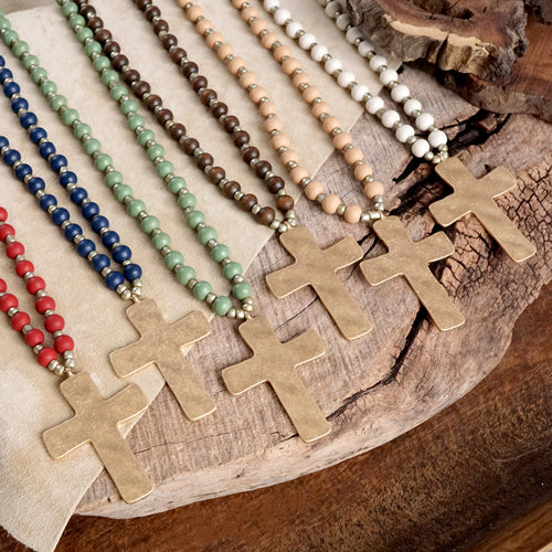 Long Wooden Bead Necklace with Gold Cross