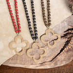 Clover Long Wooden Bead Necklace with gold Flower - Burgundy Brown Black