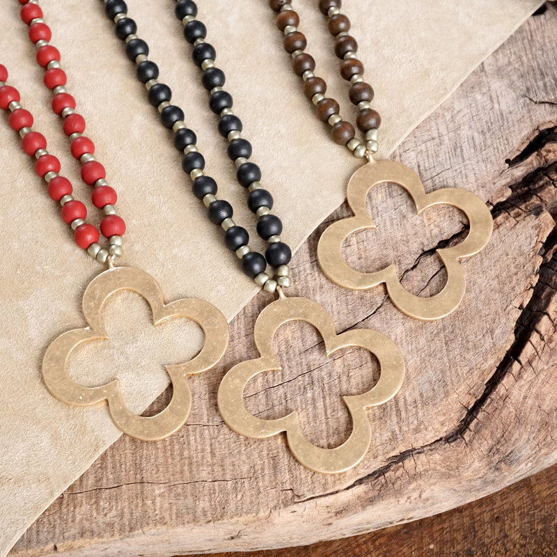 Clover Long Wooden Bead Necklace with gold Flower - Burgundy Brown Black