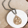 Long Wooden Bead Necklace with gold teardrop - Gray