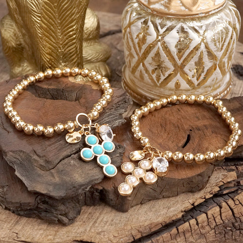 Golden Keepsakes – Charm Cluster Stretch Bracelet with Beads & Stones