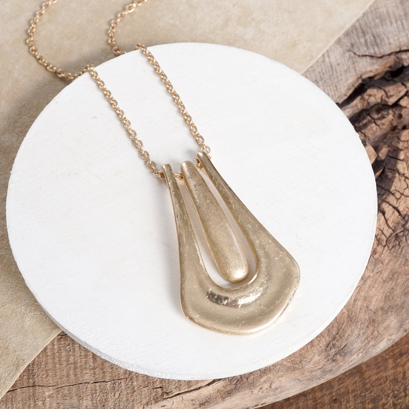 Minimalist Elongated Pendant Long Necklace – Worn Gold or Silver