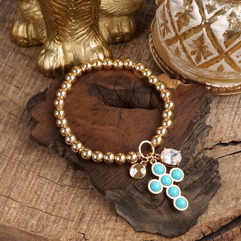 Golden Keepsakes – Charm Cluster Stretch Bracelet with Beads & Stones