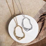 Minimalist Asymmetric Circle Pendant Long Necklace – Worn Gold or Silver