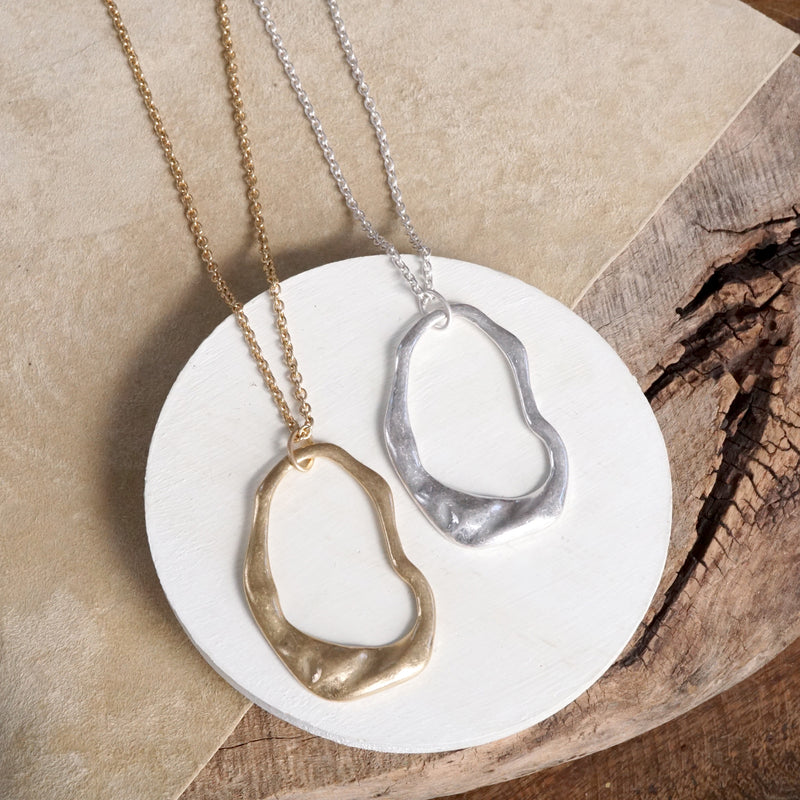 Minimalist Asymmetric Circle Pendant Long Necklace – Worn Gold or Silver