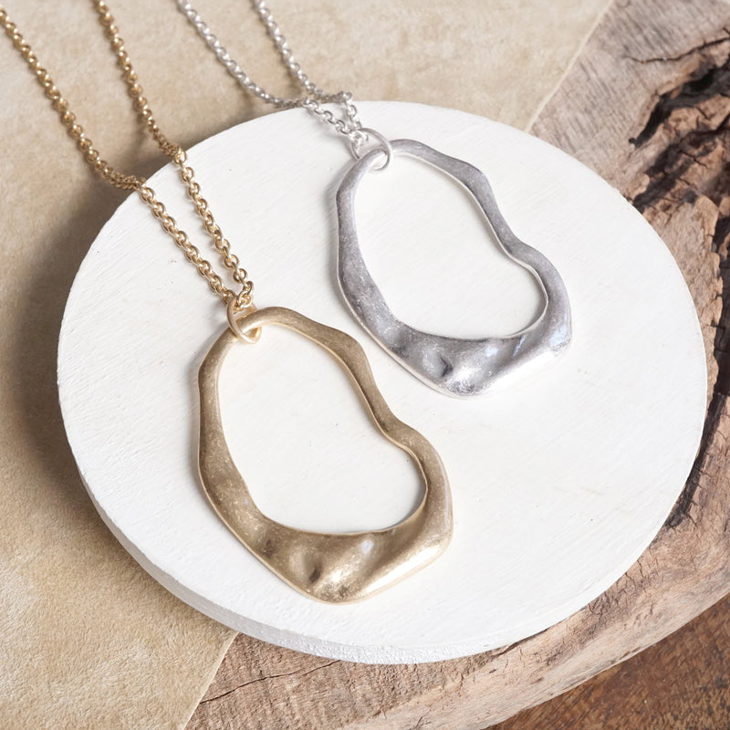 Minimalist Asymmetric Circle Pendant Long Necklace – Worn Gold or Silver