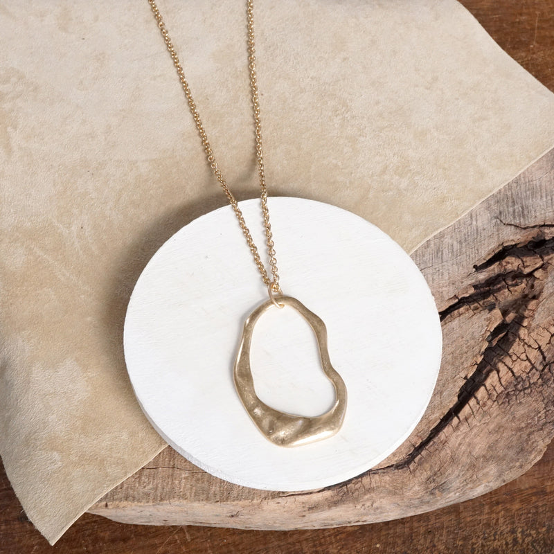 Minimalist Asymmetric Circle Pendant Long Necklace – Worn Gold or Silver