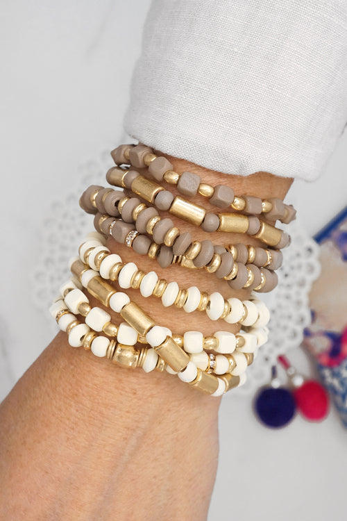 Brown Taupe Gold tone Bracelet stack Wood beads Multi shape