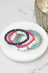 Nautical Navy Blue Hot Pink White stack clay glass wood beads bracelets set