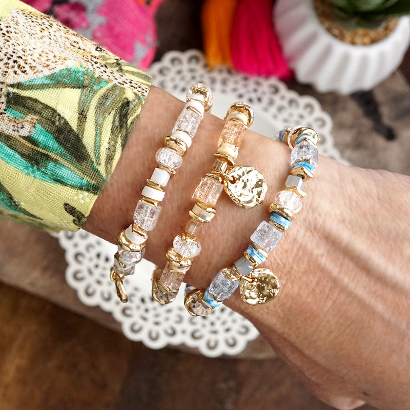 Whispering Light – Mixed Bead Bracelet with Golden Coin Charm
