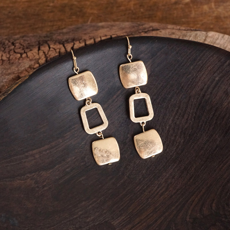 Boho Square Dangle Earrings – Worn Silver Tone