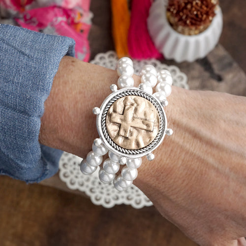 Gracebound – Cross Coin & Chunky Pearl 3-in-1 Statement Bracelet in Mixed Metals