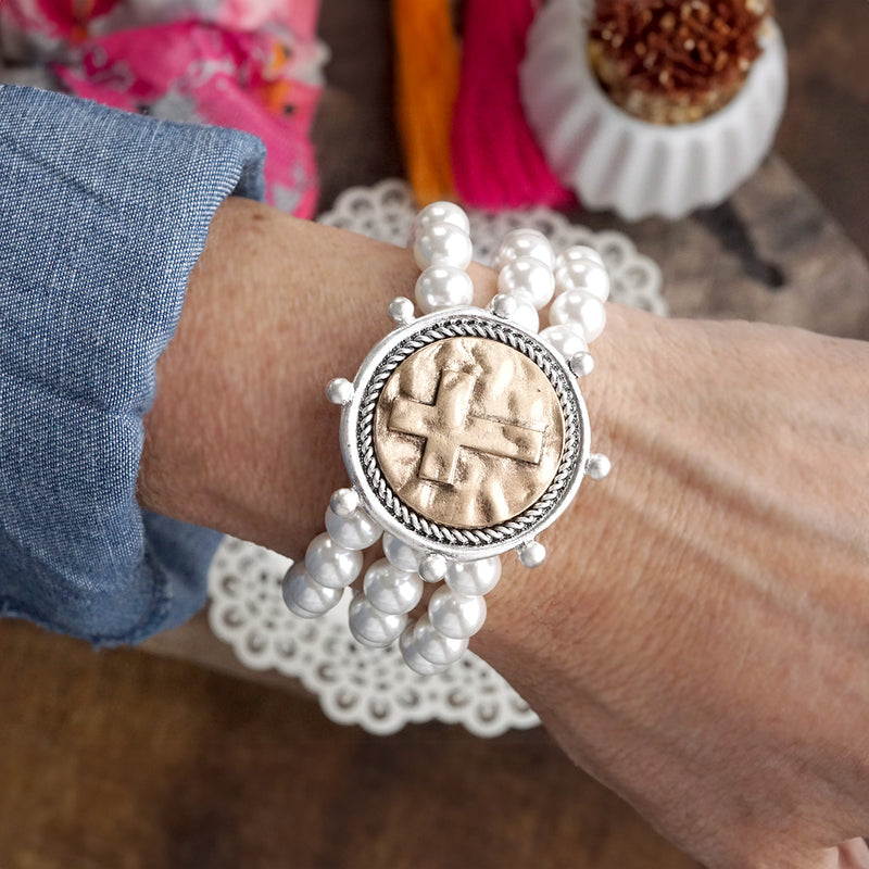 Gracebound – Cross Coin & Chunky Pearl 3-in-1 Statement Bracelet in Mixed Metals