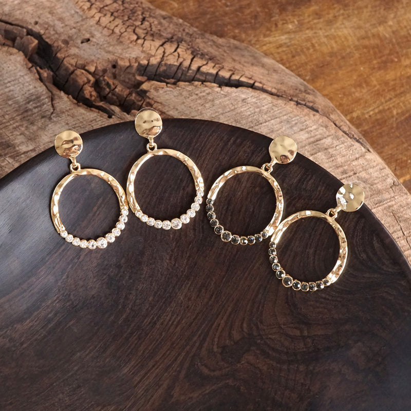 Circle Dangle Earrings with Crystals – Gold Tone - Clear or Smoky Gray