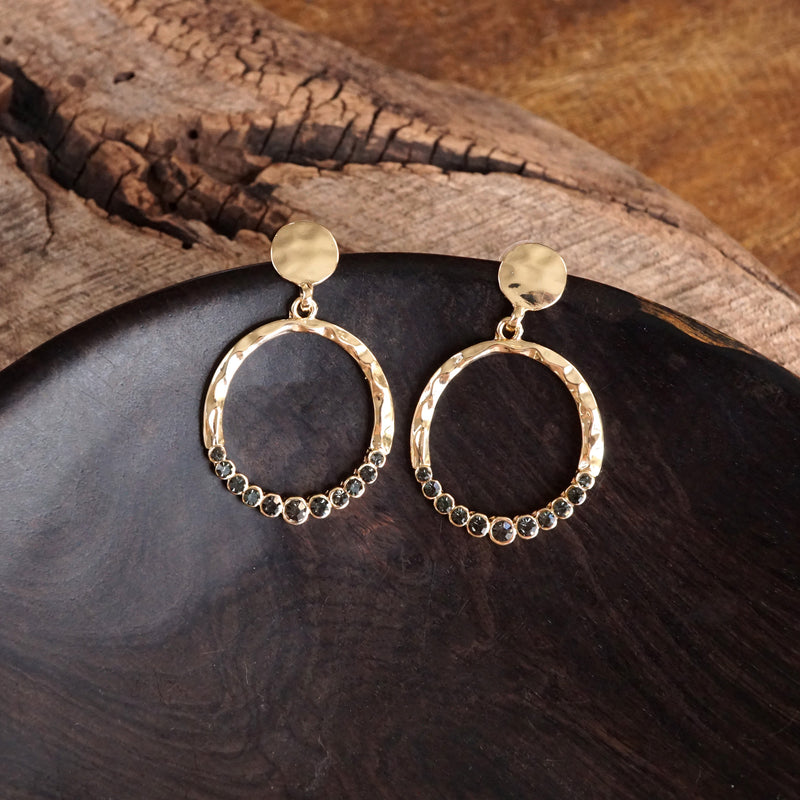 Circle Dangle Earrings with Crystals – Gold Tone - Clear or Smoky Gray