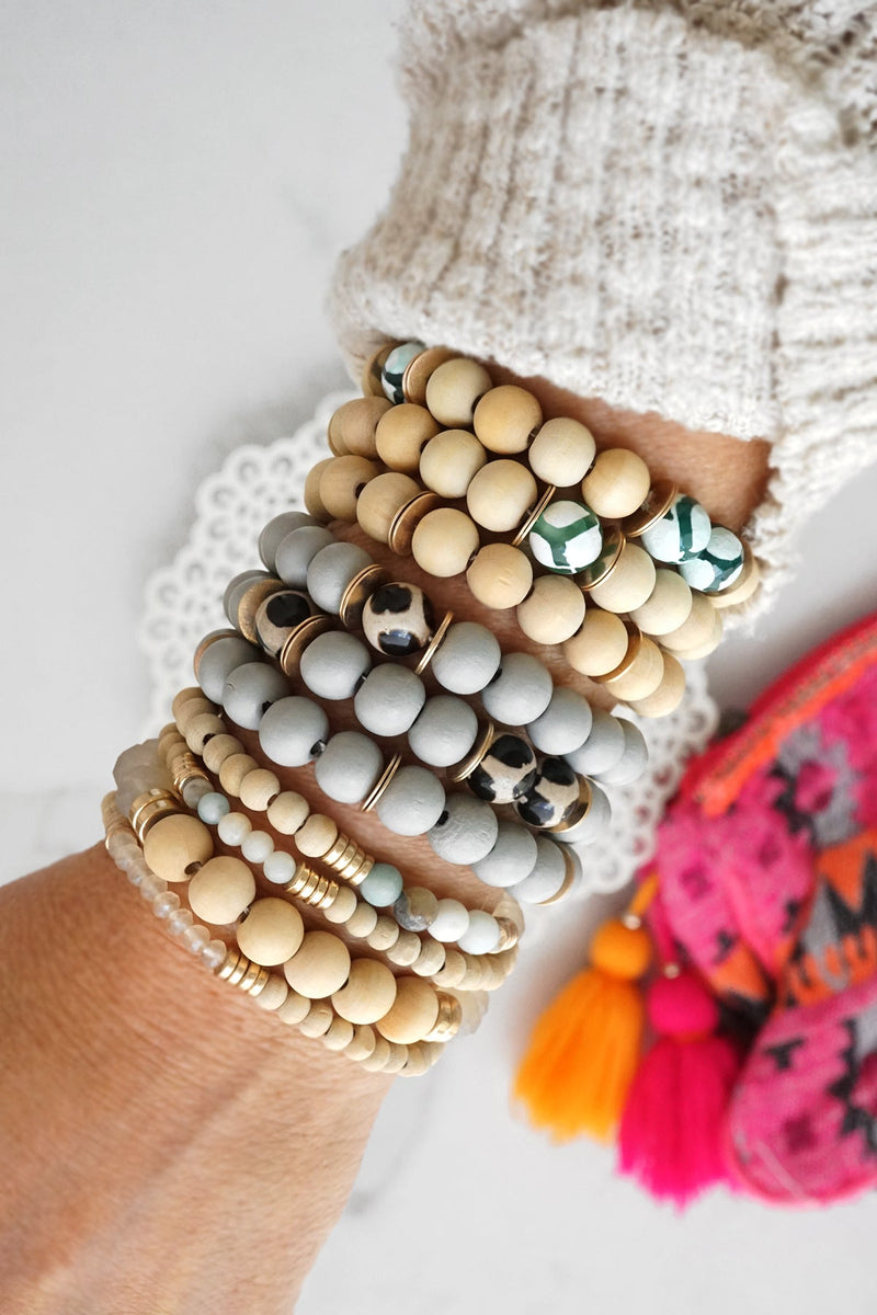 Wooden Gray beads bracelet stack of 3 with animal print beads