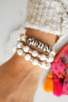 Bracelet Stack of 3 pieces white wood, pearls, golden and animal print beads