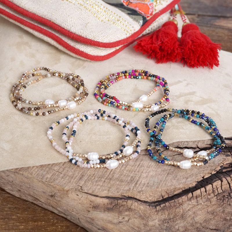 Beaded Bracelets Sets with glass and metal beads and freshwater pearls