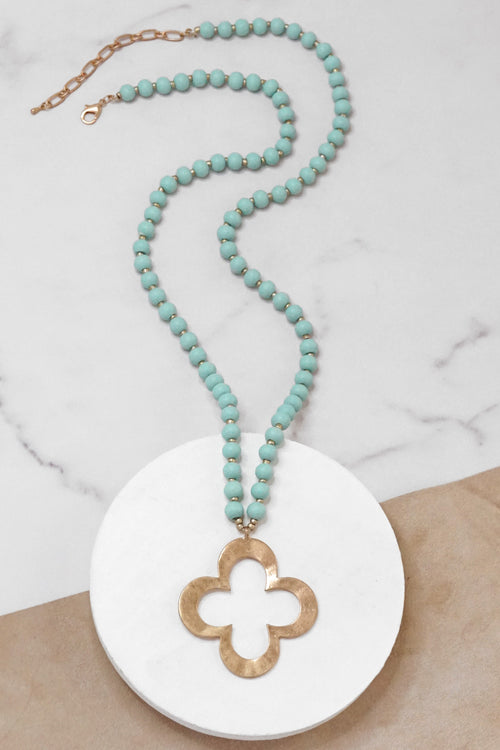 Clover Long Wooden Bead Necklace with gold Flower - Mint Green Blue