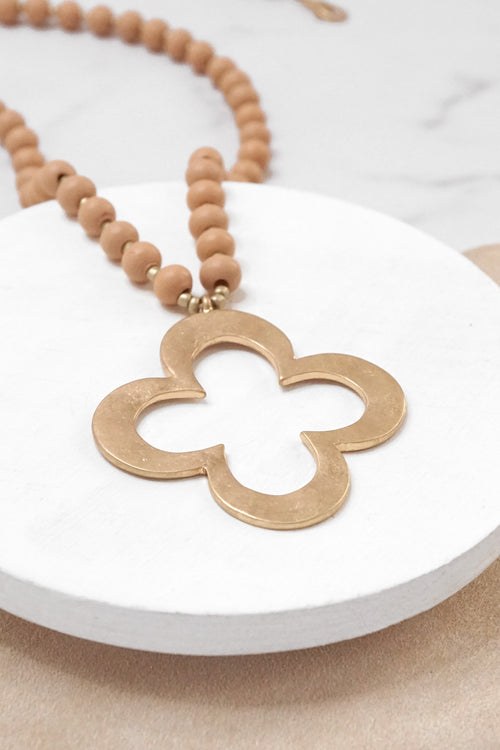 Clover Long Wooden Bead Necklace with gold Flower - Nude Neutral