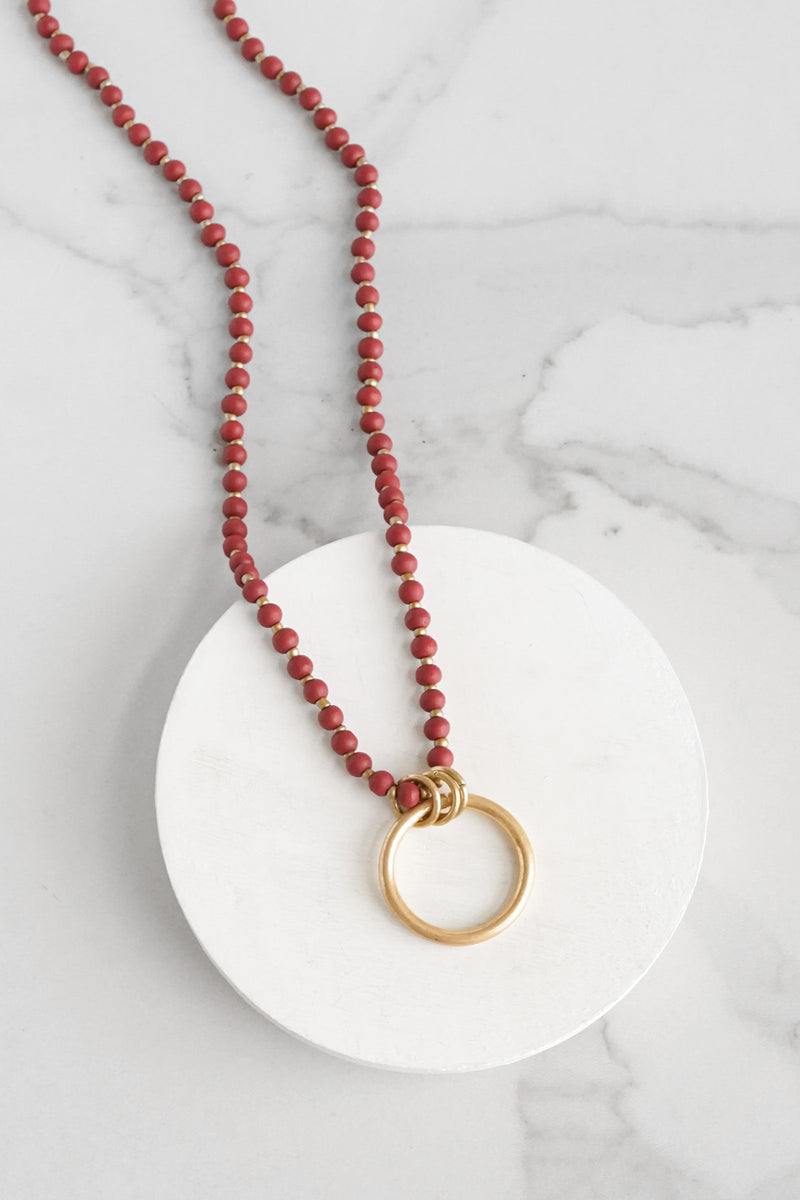 Long Wooden Bead Necklace with gold circle ring - Red Burgundy