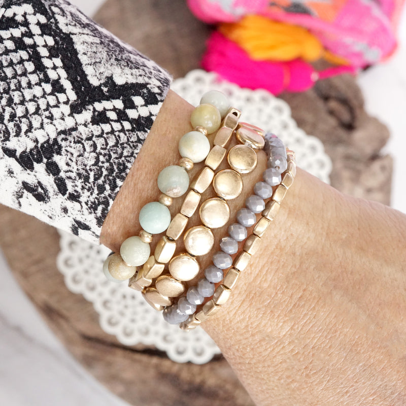 5 piece Boho Bracelet Stack Amazonite Mint and worn gold tone