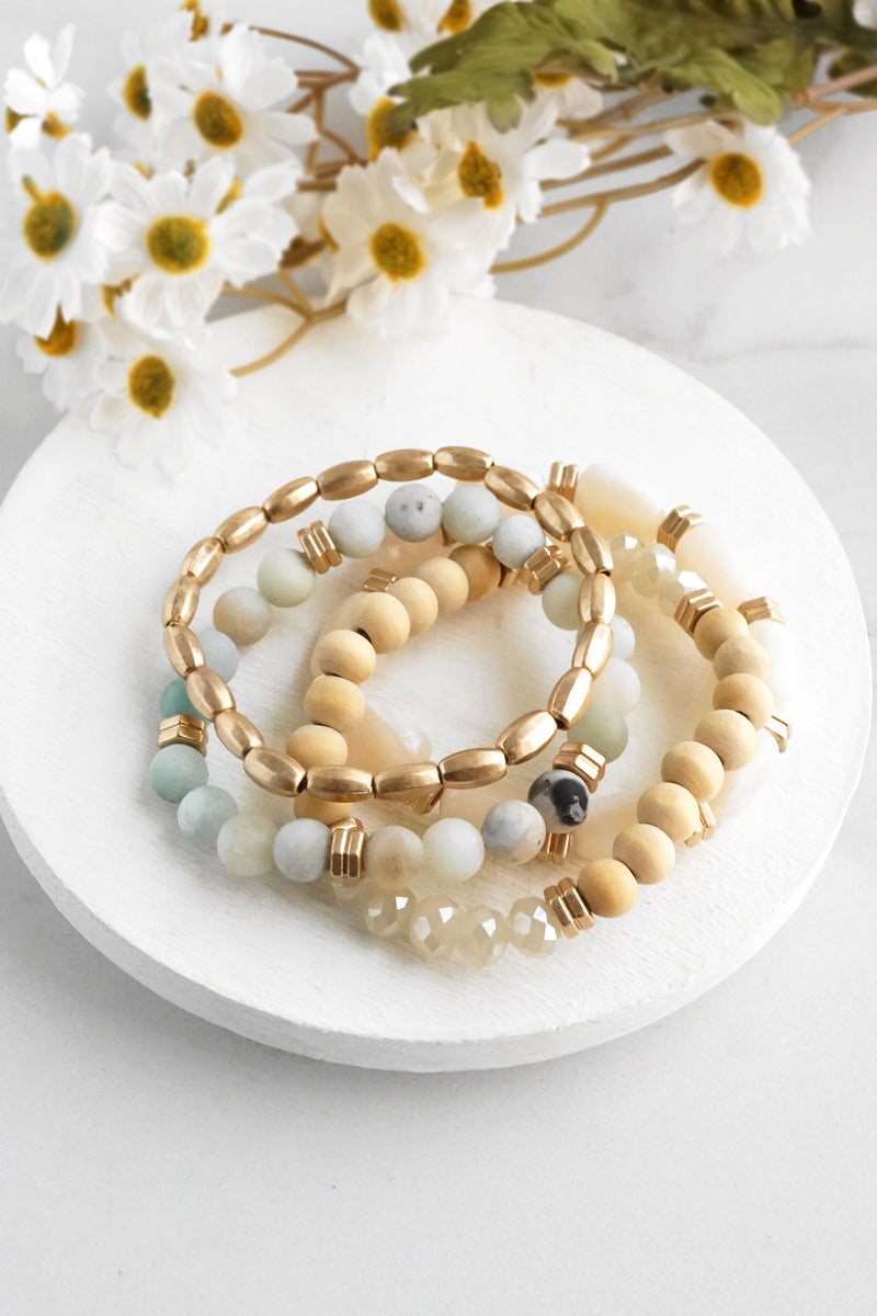 Bracelet Stack of 4 pieces Neutrals and Green Amazonite Glass Wood and Acrylic beads