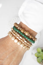 5 piece Boho Bracelet Stack Green Brown and worn gold tone