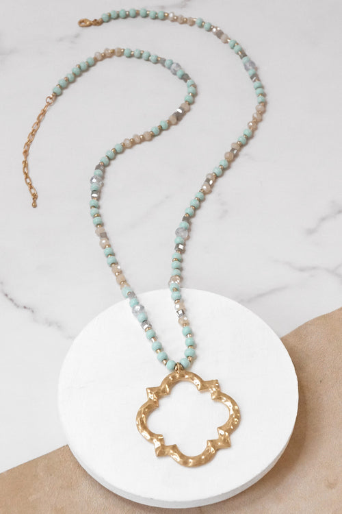 Long Wooden Bead Necklace with Clover Quatrefoil gold pendant - Light turquoise