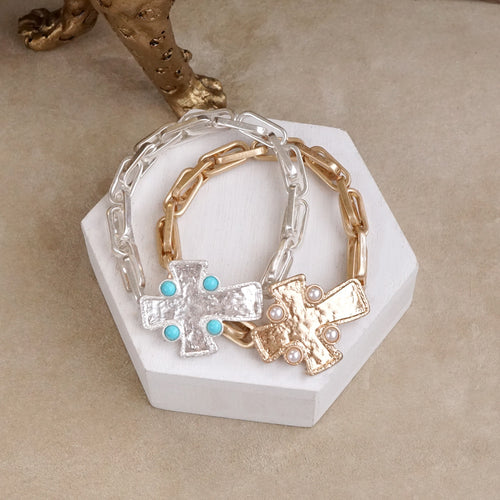 Sacred Shape – Sideways Hammered Cross Stretch Chain Bracelet