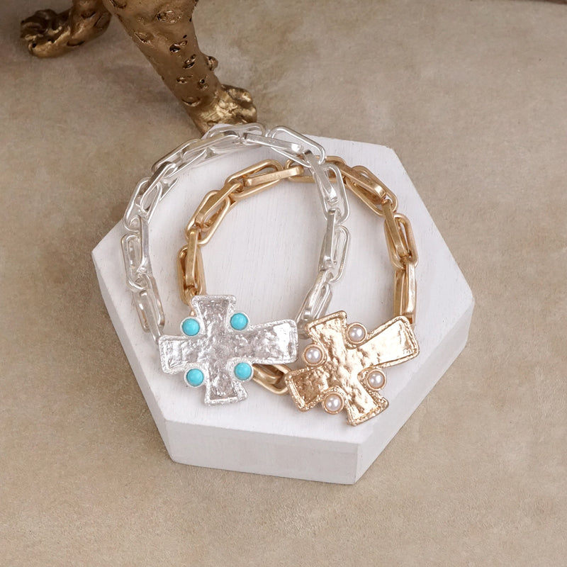 Sacred Shape – Sideways Hammered Cross Stretch Chain Bracelet