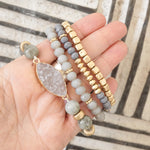 Boho Beads Bracelets set of 4 piece with Druzy Semi Precious stones in Gray and gold