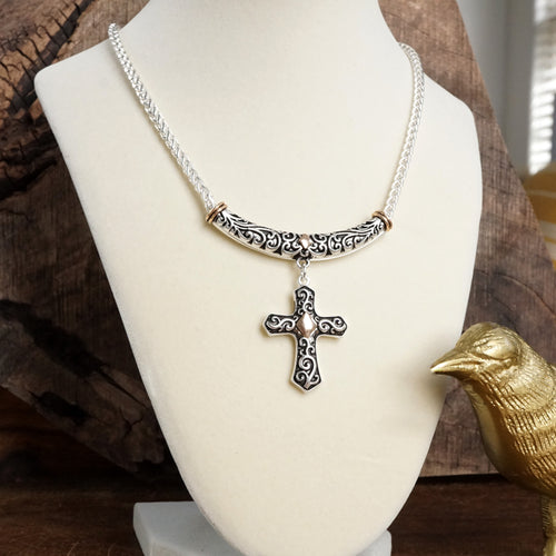 Sacred Drift – Filigree Cross Necklace with Whisper of Gold