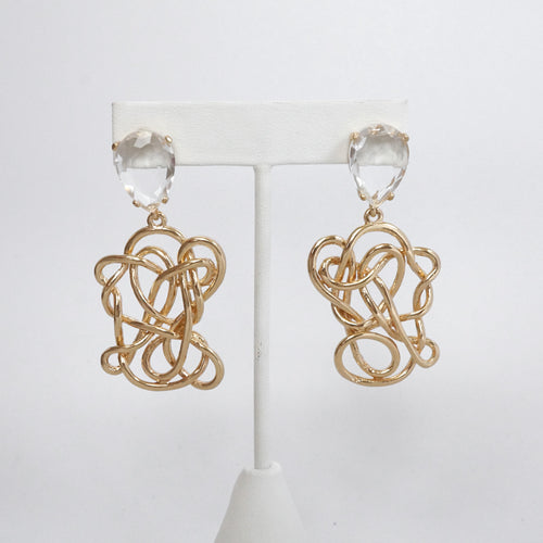 Statement Tangled Looped Wire and Teardrop Crystal Earrings - Gold Tone