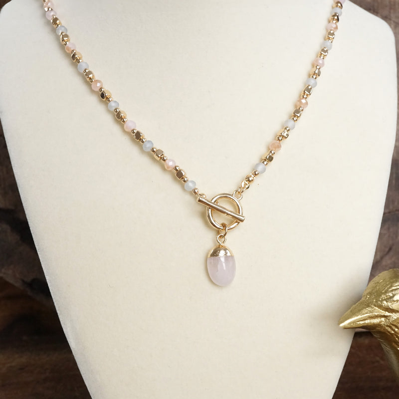 Faceted Beads & Oval Stone Front Toggle Necklace – Gold Tone