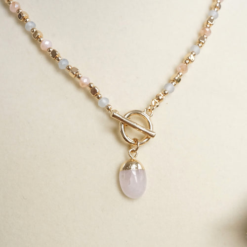 Faceted Beads & Oval Stone Front Toggle Necklace – Gold Tone