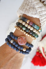 Boho Bracelets Stack of 3 piece Beaded bracelets Semi Precious center stone in Blue, brown and gold